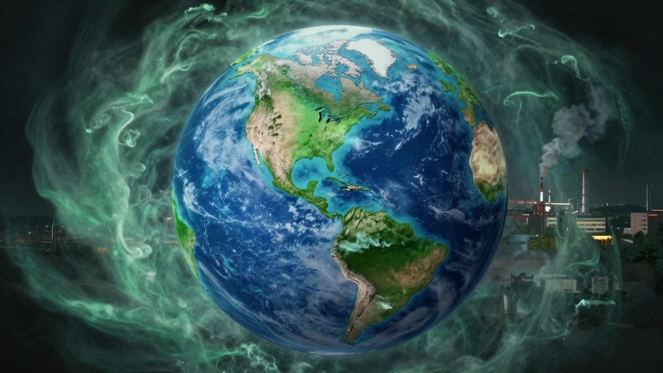 Earth with green clouds and industrial background