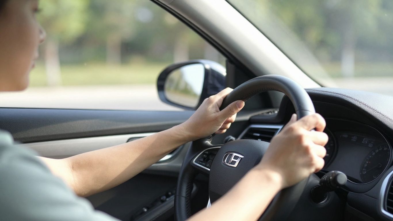 Driver's hand on steering wheel, sunlight on dashboard.