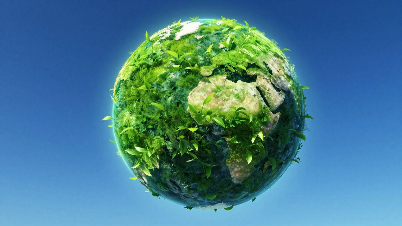 Green planet Earth with leaves and aura.