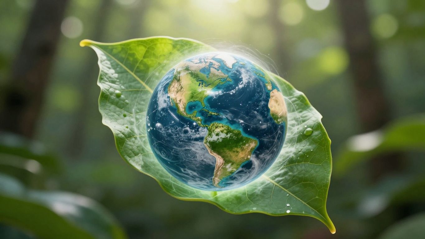 Green leaf holding a small Earth, with sunlight.