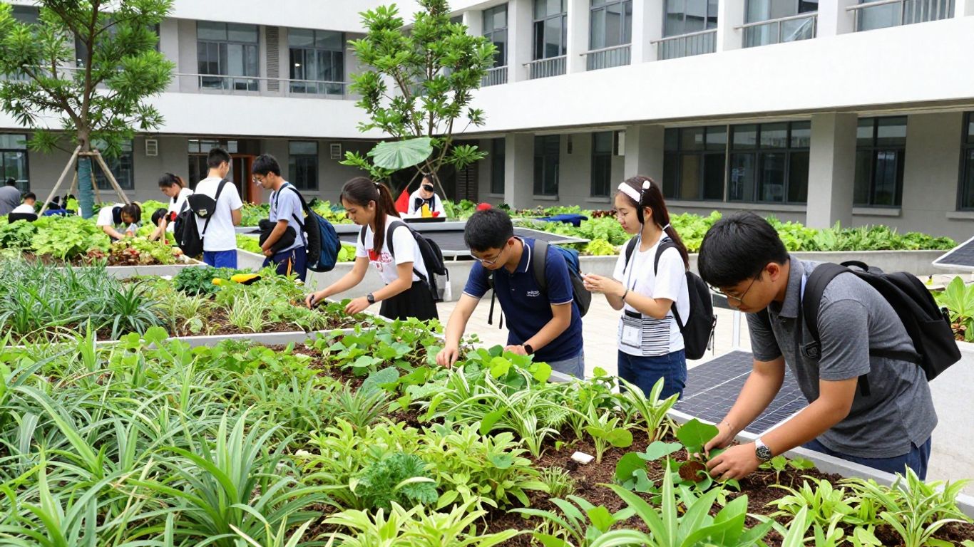 University students participating in sustainability initiatives on campus.