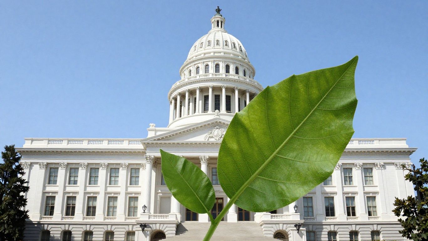 California Capitol building with a green leaf