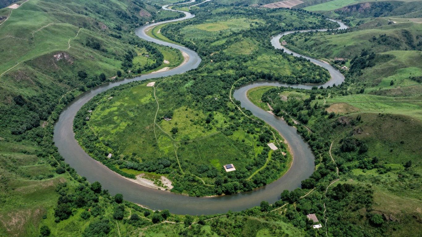 Aerial view of a river and its tributaries in a valley.