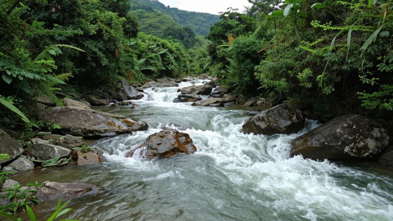 River flowing through a green valley landscape.