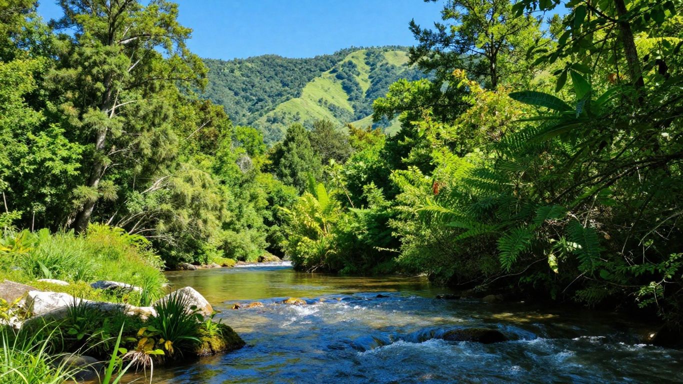 Healthy watershed with river, forests, and hills.