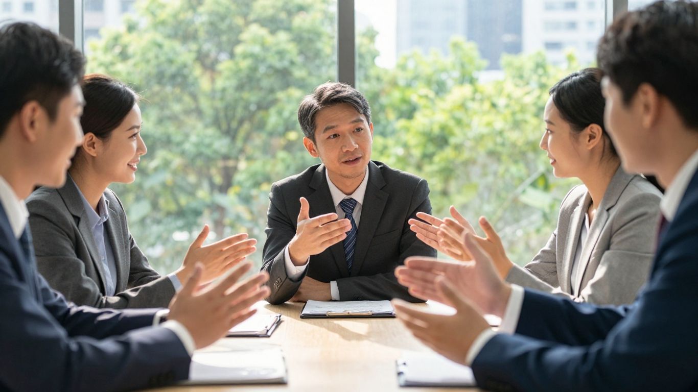 Business professionals collaborating on corporate social responsibility.