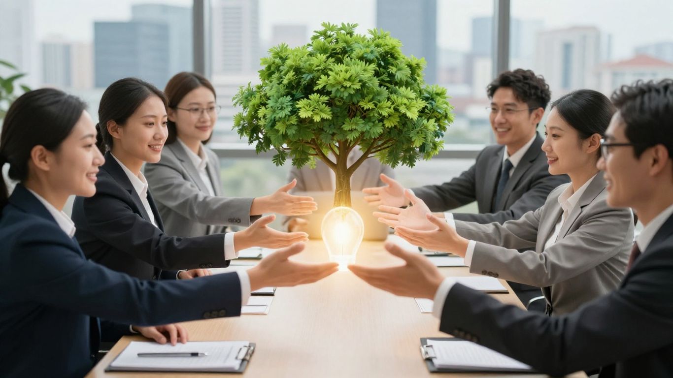 Business professionals collaborating for corporate social responsibility.