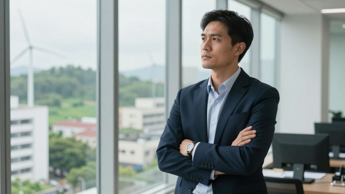 Businessperson overlooking city and green landscape, cloudy sky.