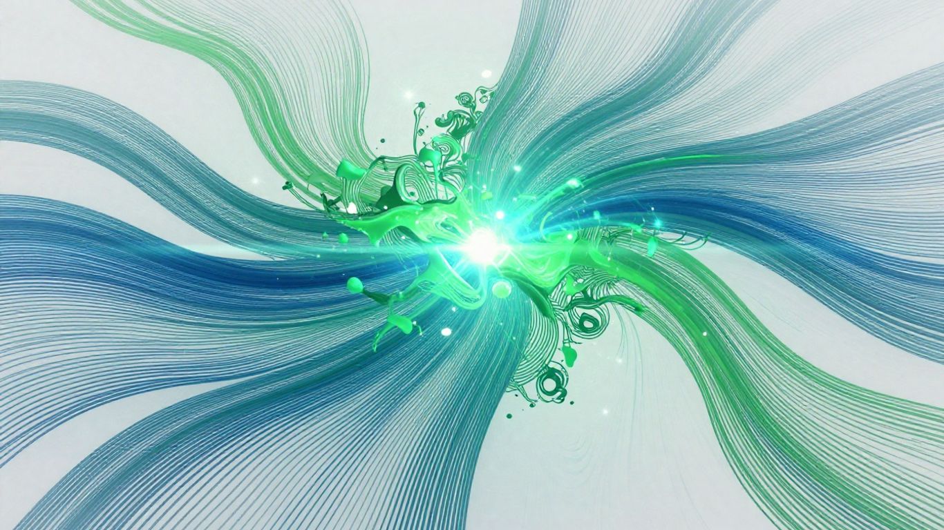 Abstract climate data visualization with green and blue flowing lines.
