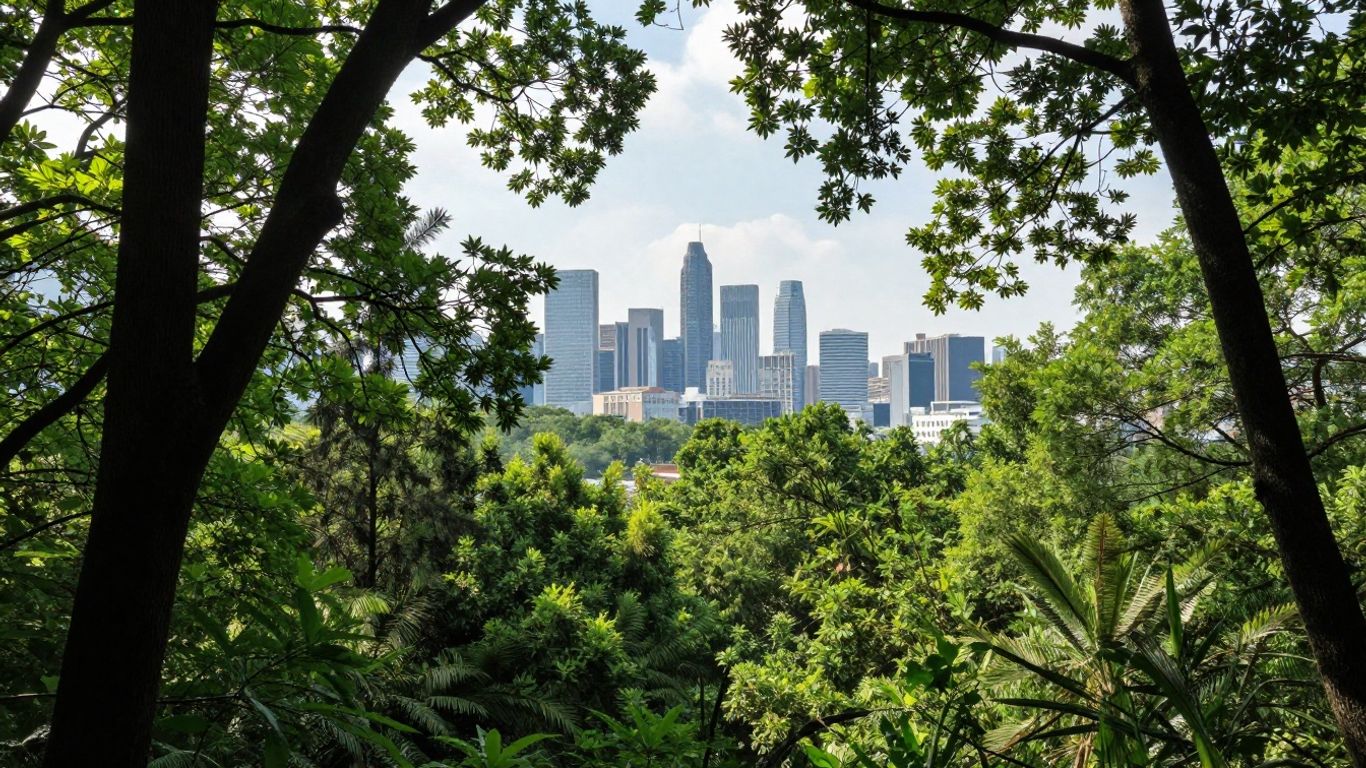 Green forest and city skyline