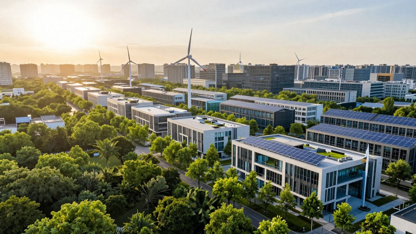 Sustainable cityscape with green energy infrastructure.