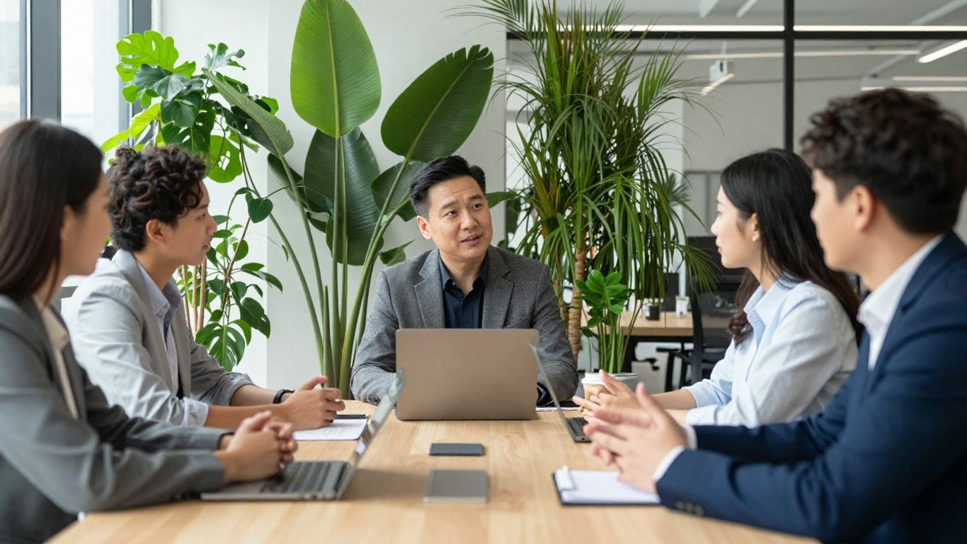 Business professionals discussing sustainable strategy in a modern office.