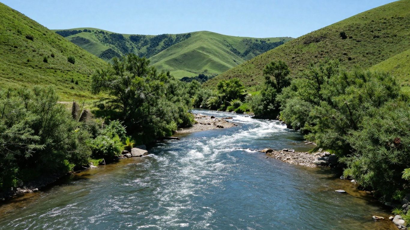 Flowing river through green hills under a blue sky.
