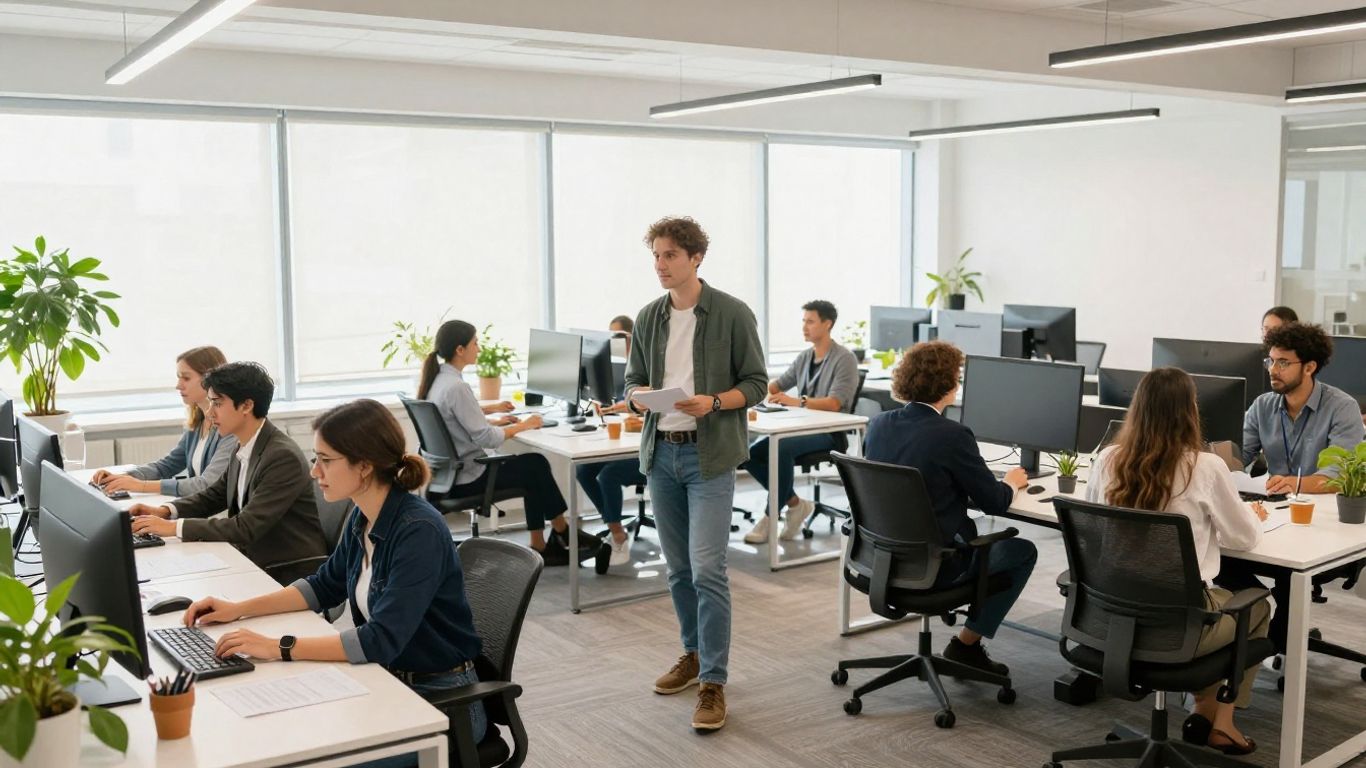 Professionals collaborating in a modern, sunlit office environment.