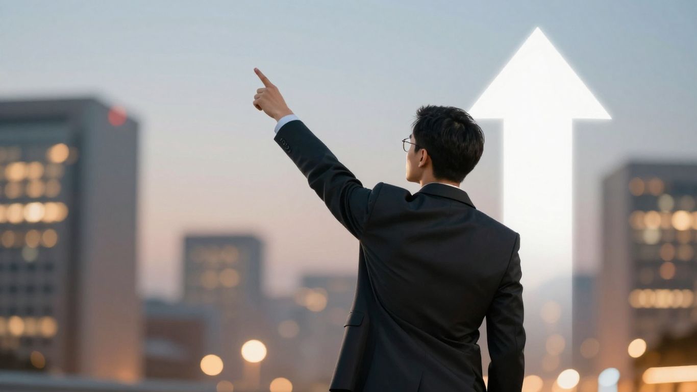 Professional pointing at upward arrow, cityscape background.
