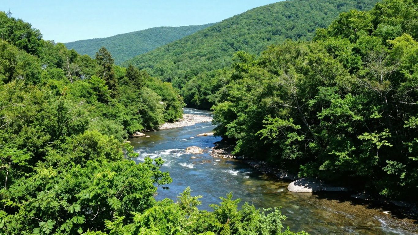 Lush Catskill Mountains with a clear river flowing.