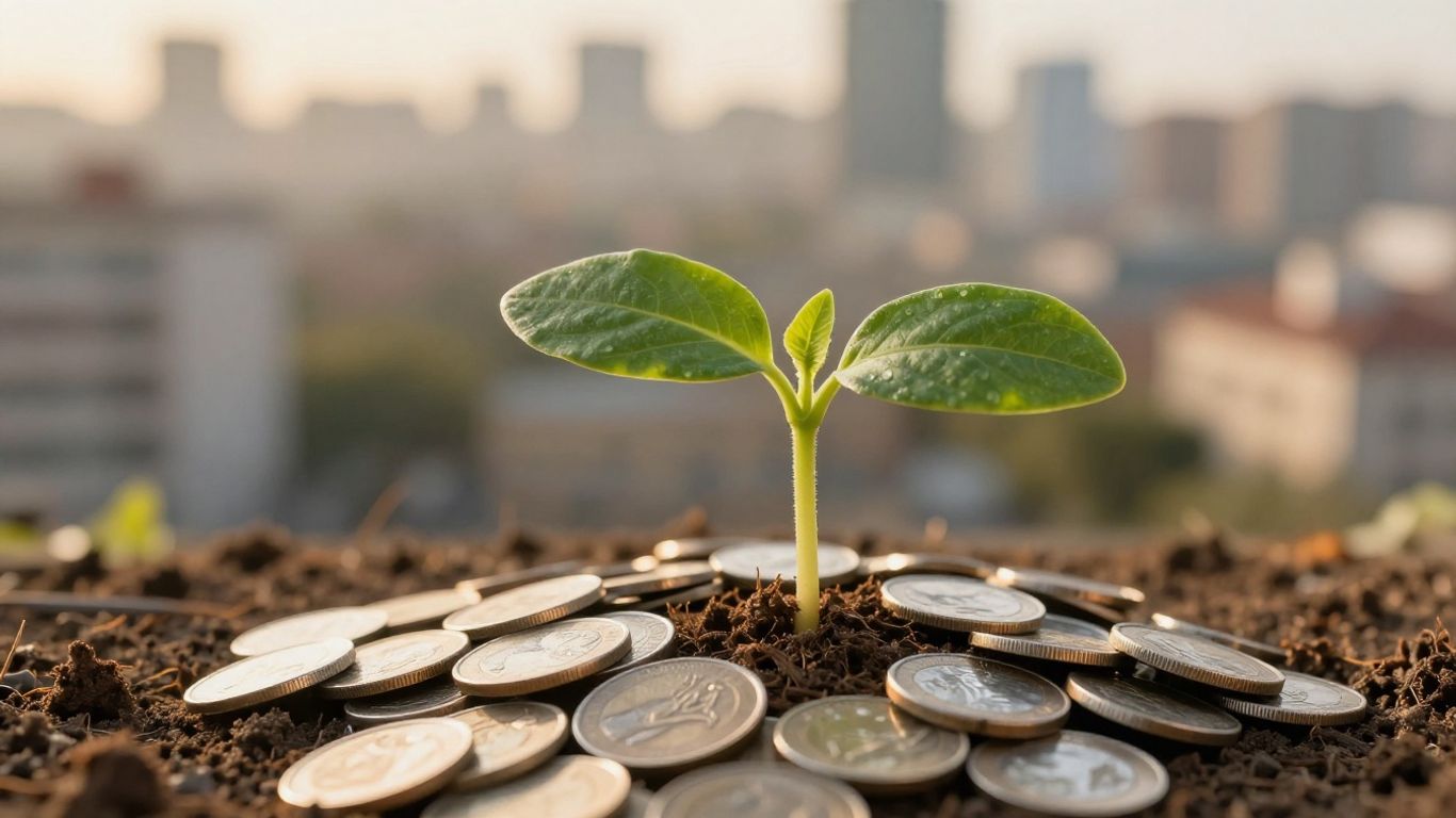 Green seedling growing from coins, city background.