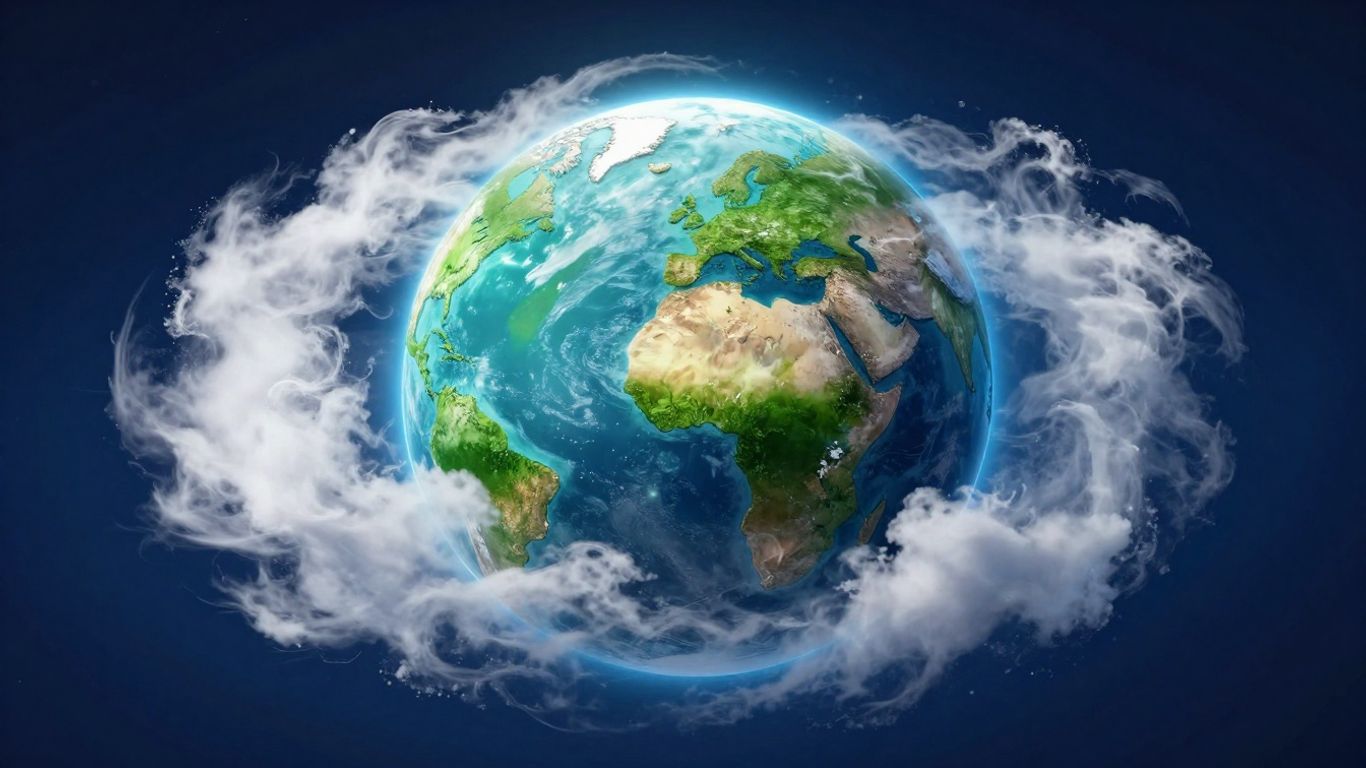 Green planet Earth with glowing aura against cosmic background.