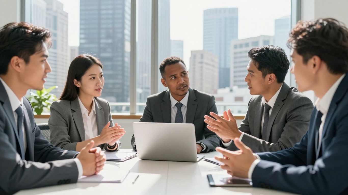 Business professionals collaborating in a modern office with city view.
