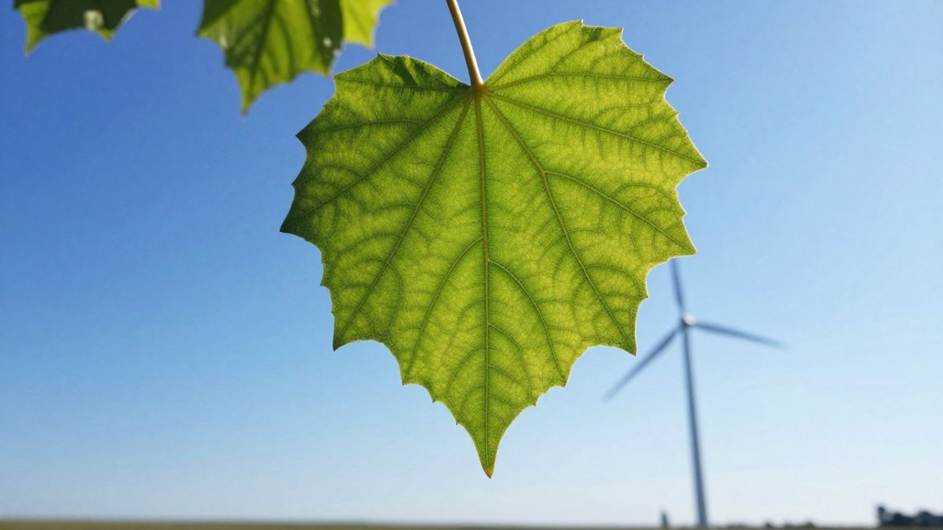 Green leaf with wind turbine in background.