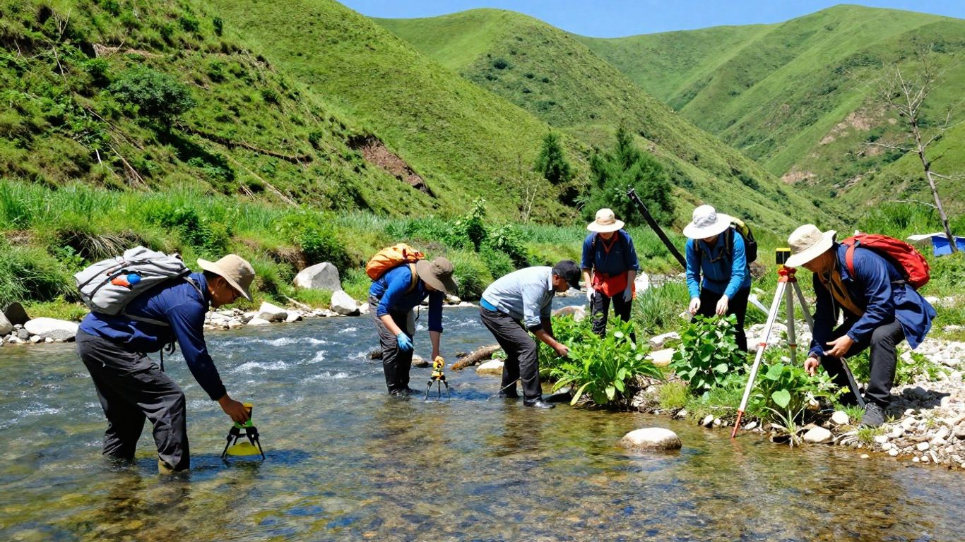 Watershed management professionals working in a scenic natural environment.