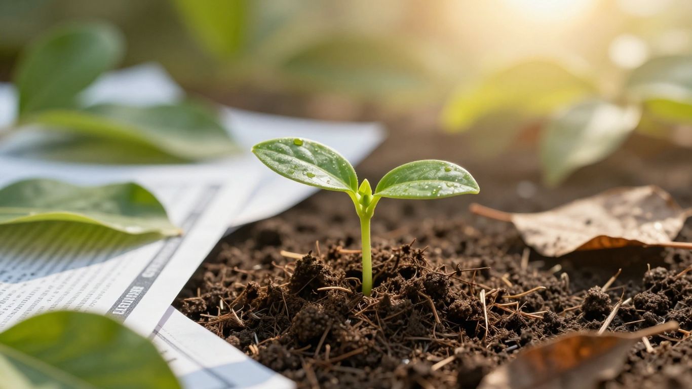 Seedling growing from financial papers, symbolizing sustainability.