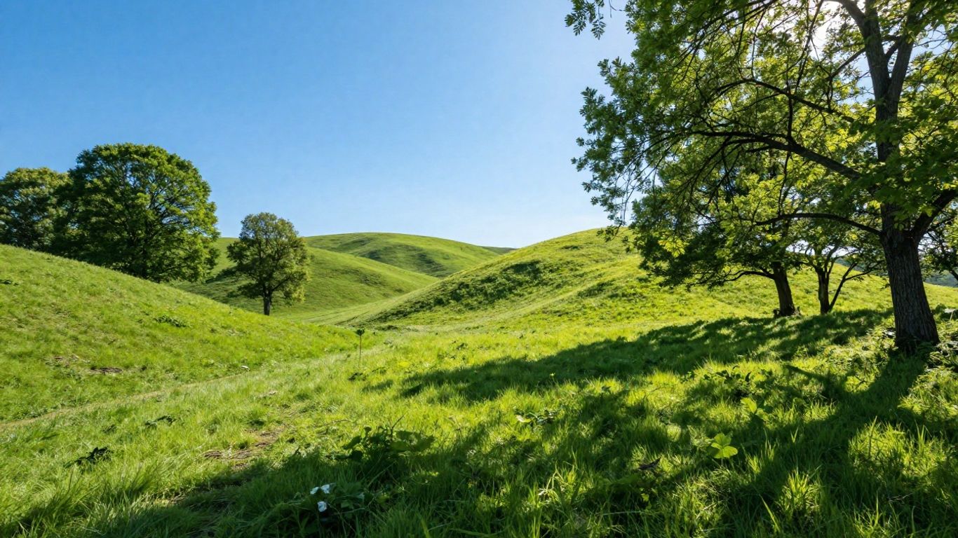 Green landscape under a clear blue sky.