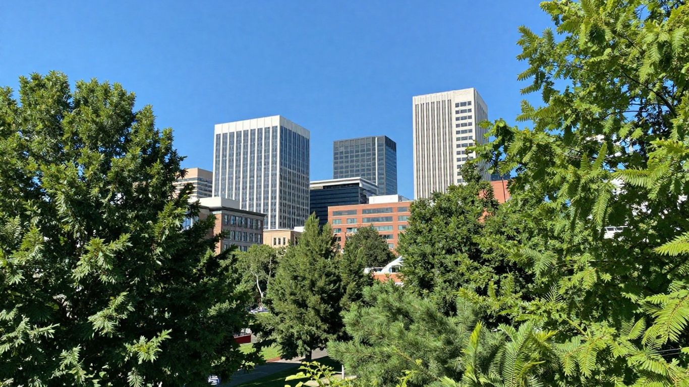 Denver skyline with green spaces and modern buildings.
