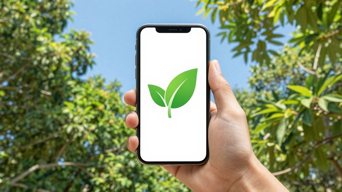 Person using carbon footprint app with nature background.
