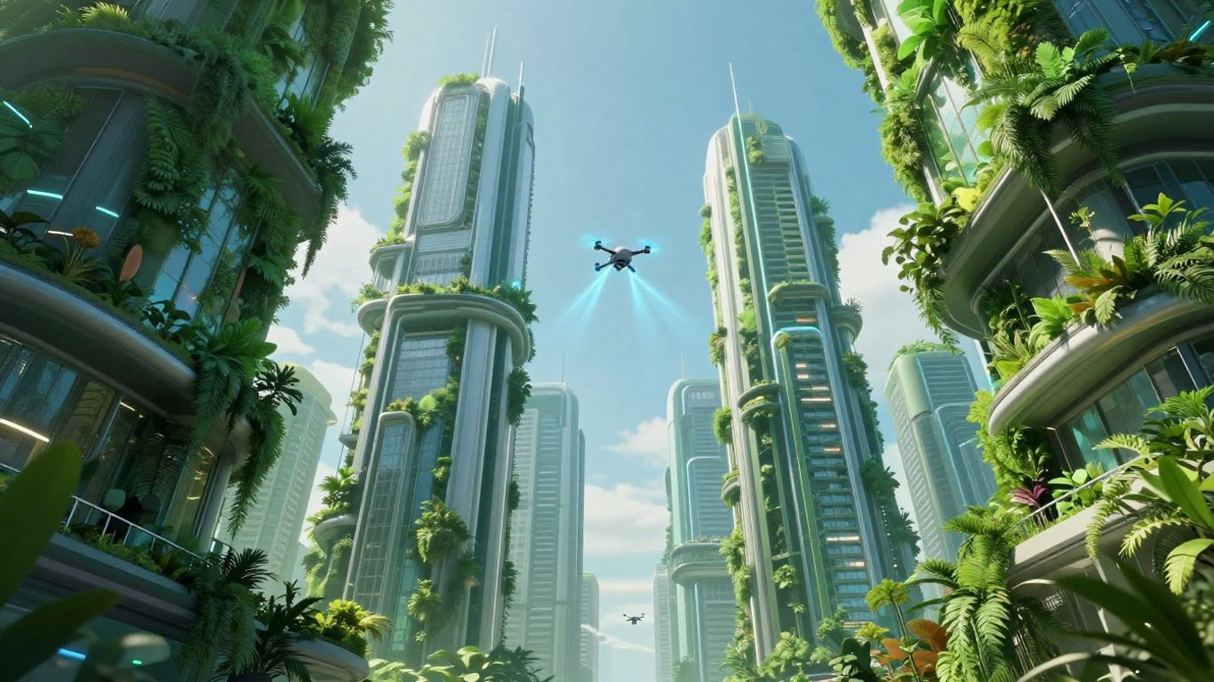 Futuristic green cityscape with advanced technology and nature.
