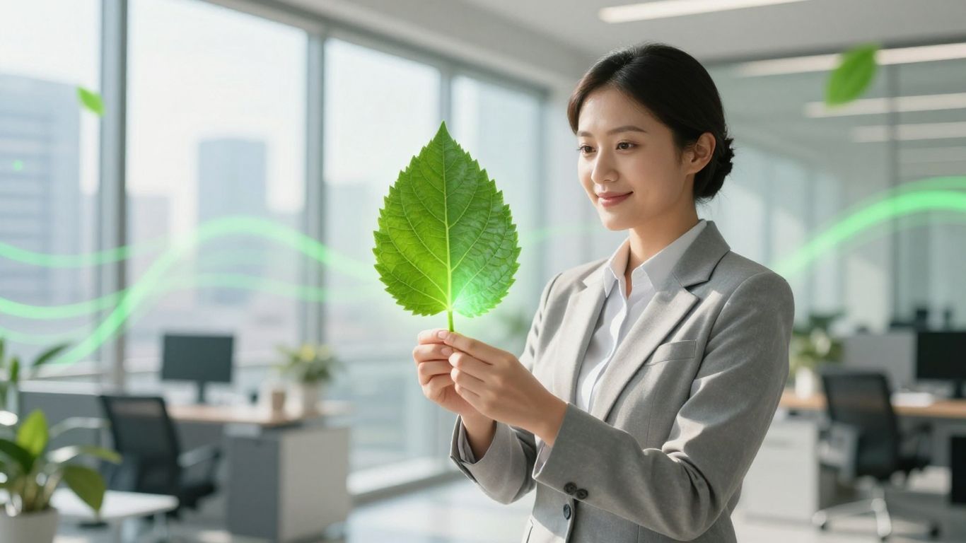 Green leaf held by professional, symbolizing environmental responsibility.