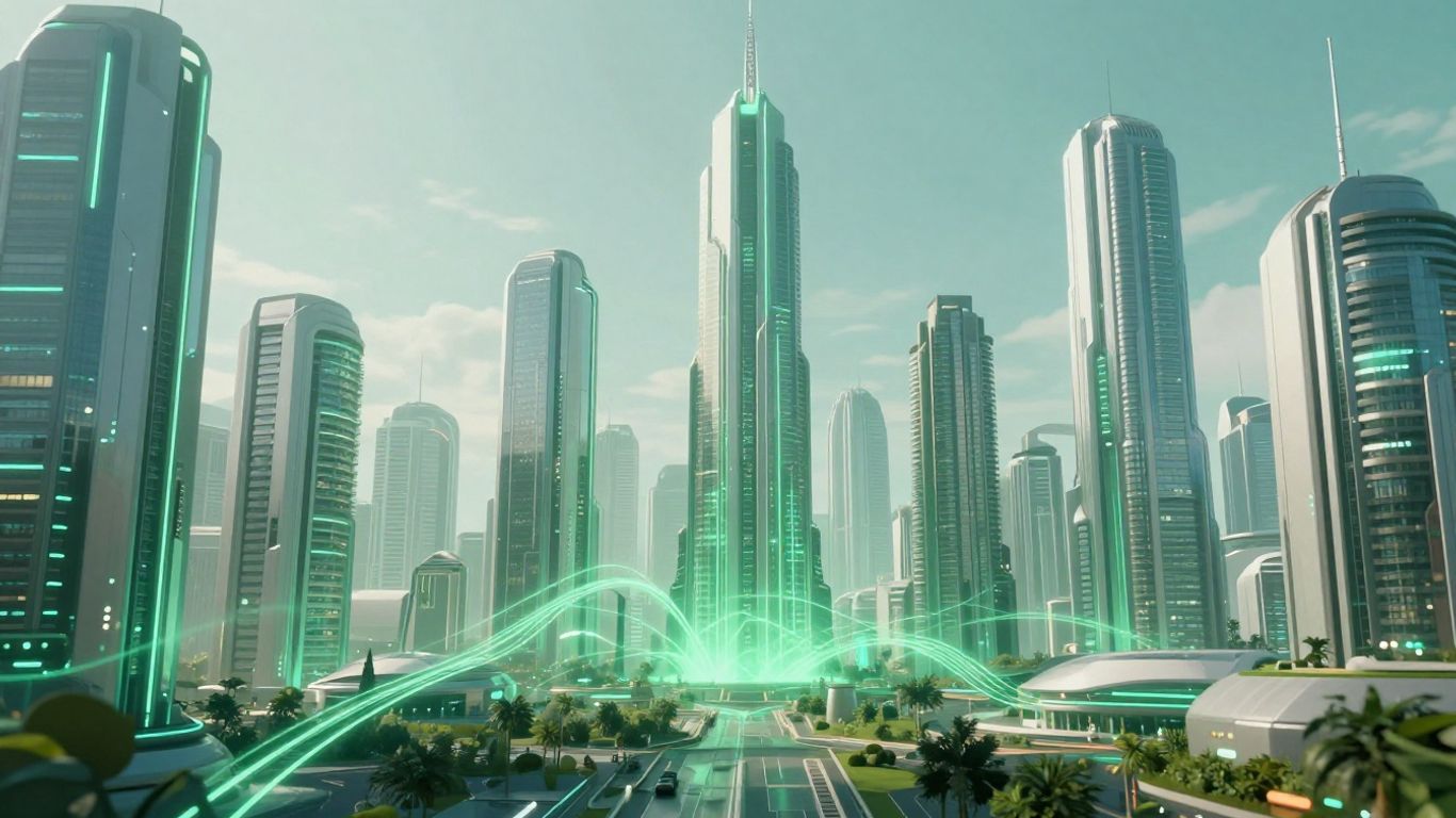 Futuristic city with green light and digital streams.