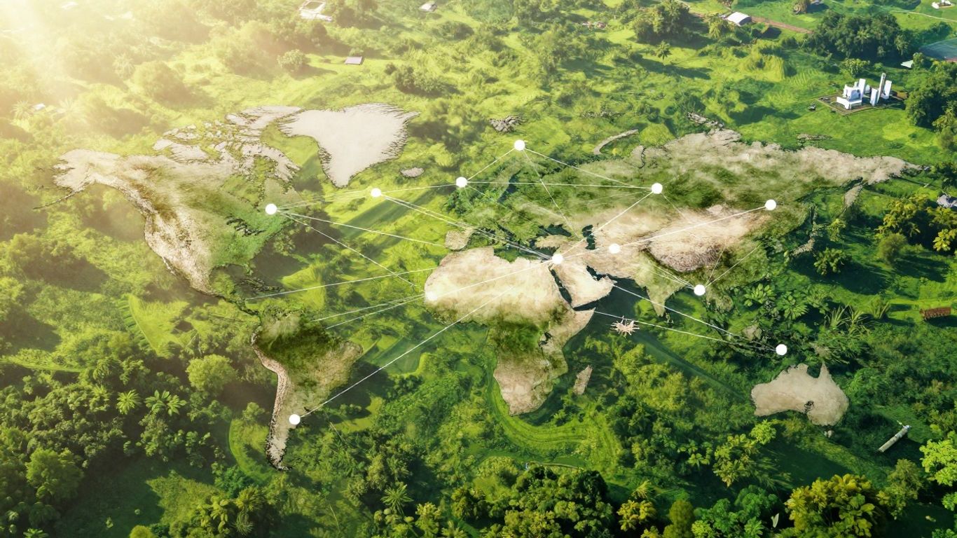 Global supply chain network with continents and green landscapes.