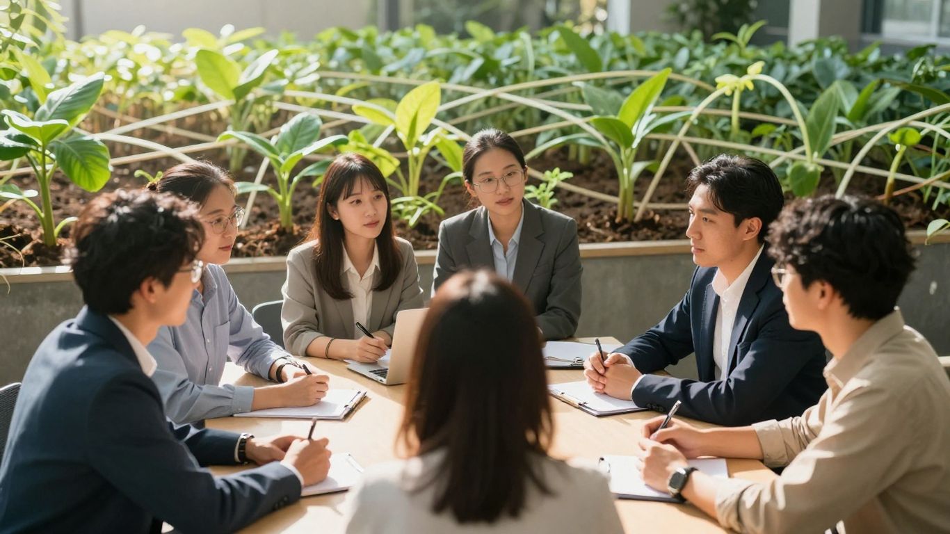 Diverse team building a sustainable future strategy.
