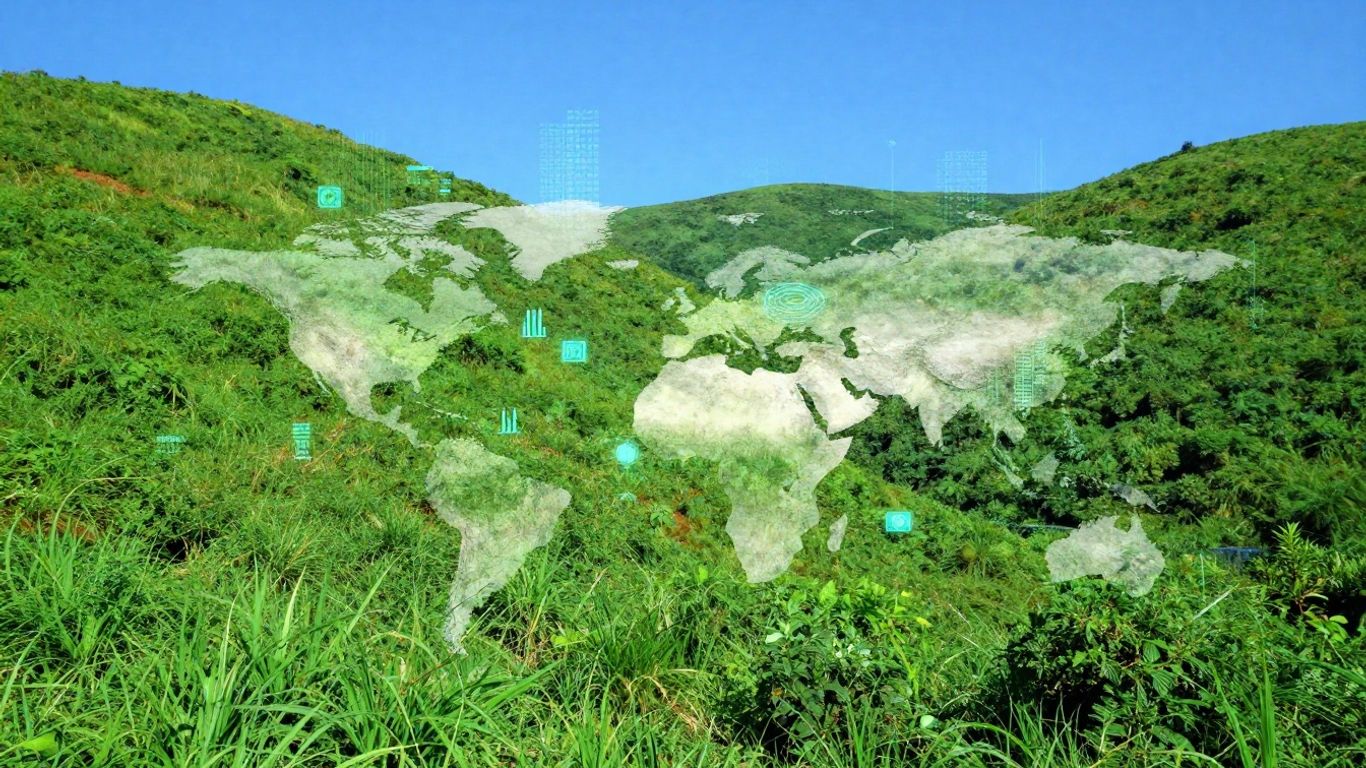 Green landscape with digital data overlays.