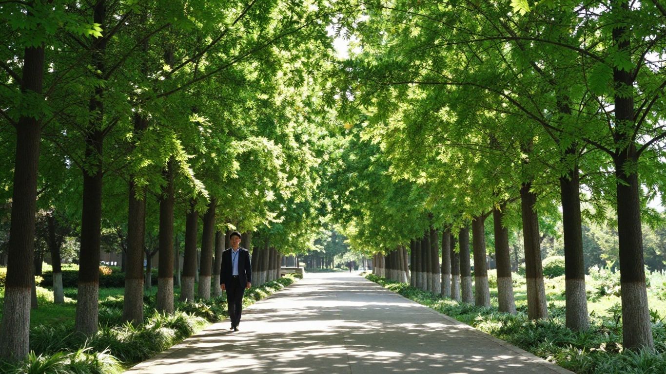 Path through green trees towards a bright horizon.