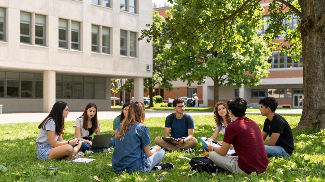 Linköping University campus with students and modern buildings.