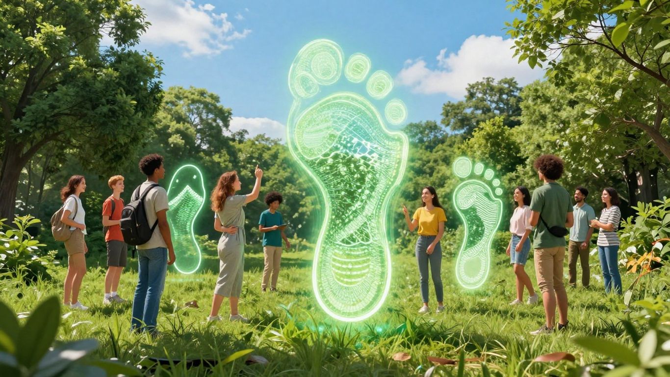 People interacting with glowing carbon footprint visualizations.