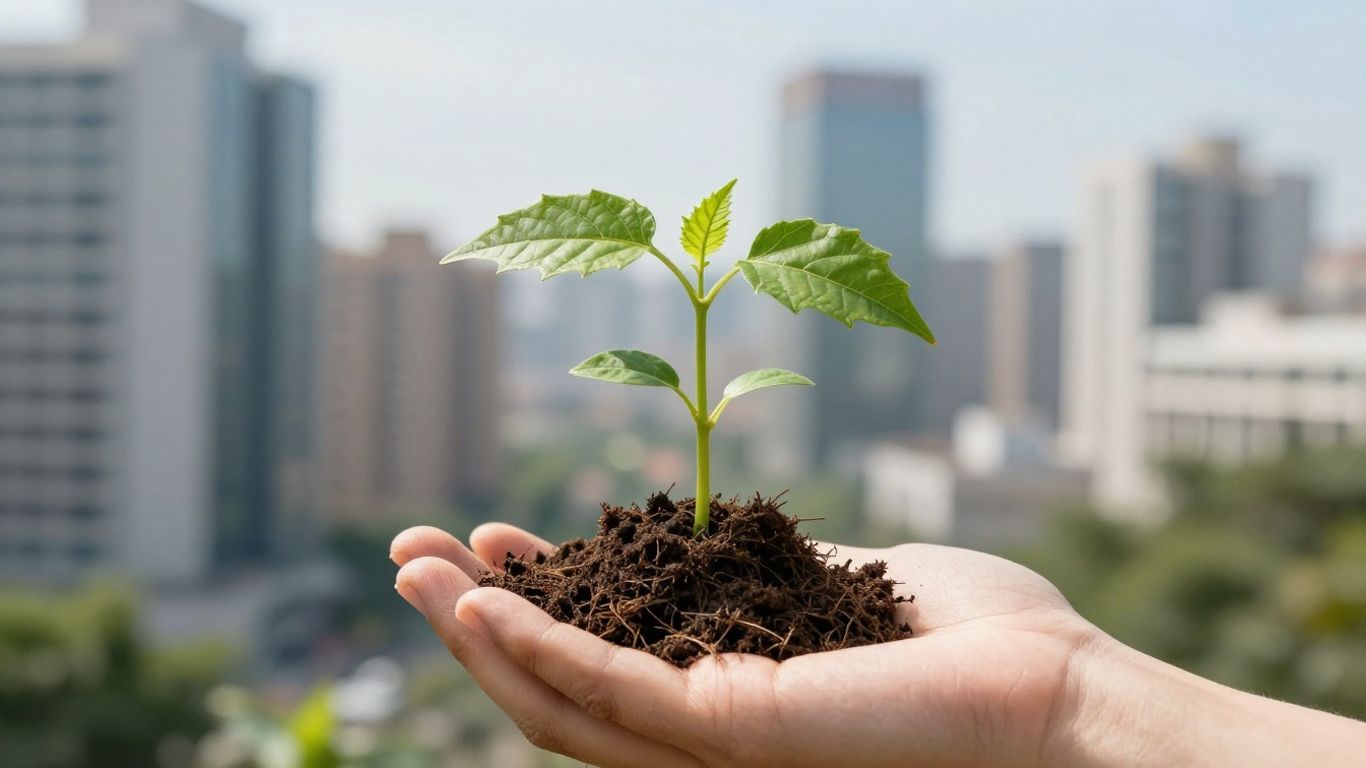 Seedling growing from hand with city background.