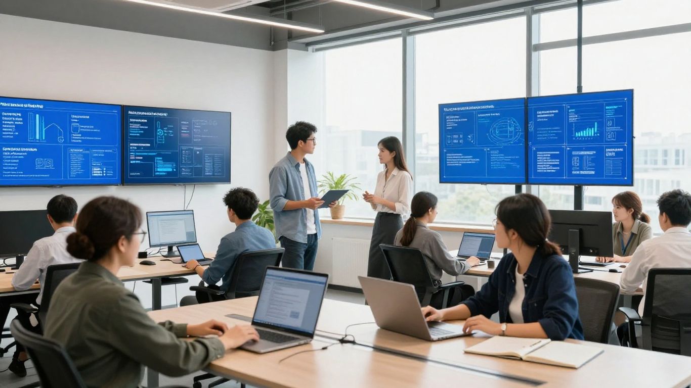 Business professionals collaborating in a modern office setting.