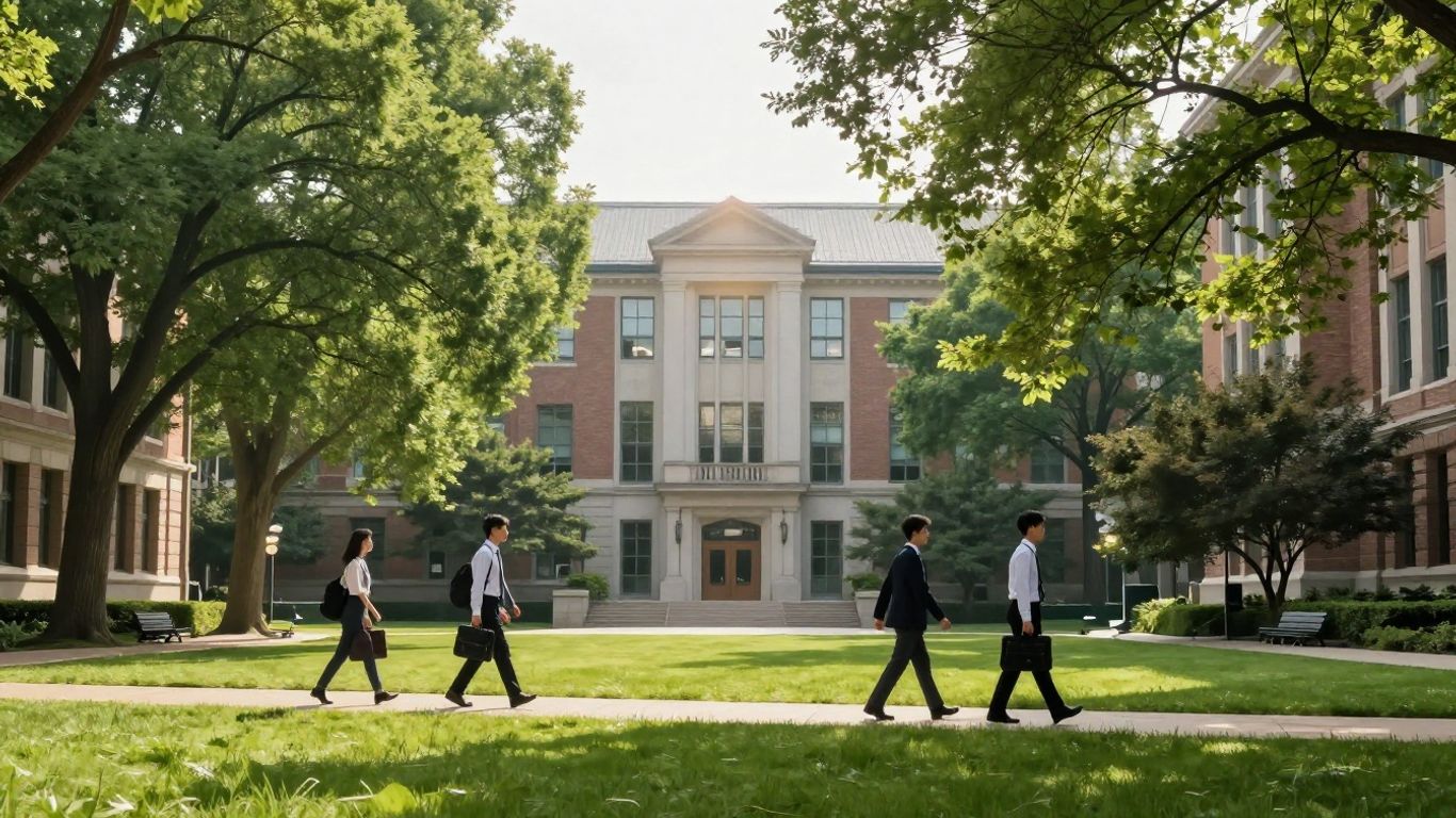 Harvard campus with students and a glowing building.