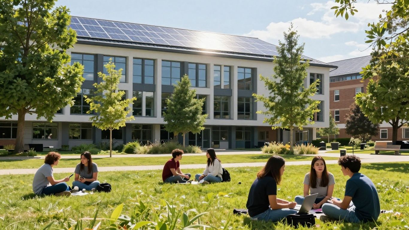 Students on a green campus near an eco-friendly building.