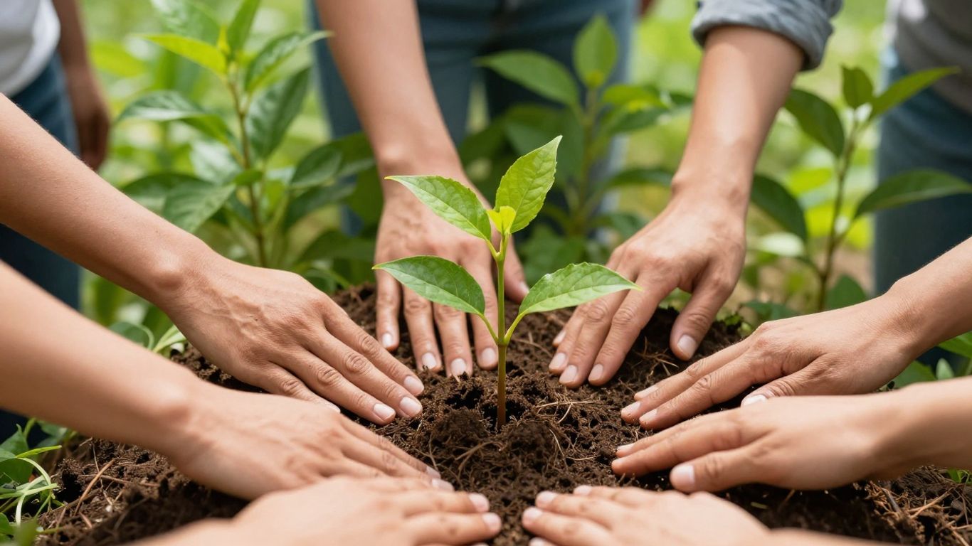 Hands planting a sapling for a sustainable future.