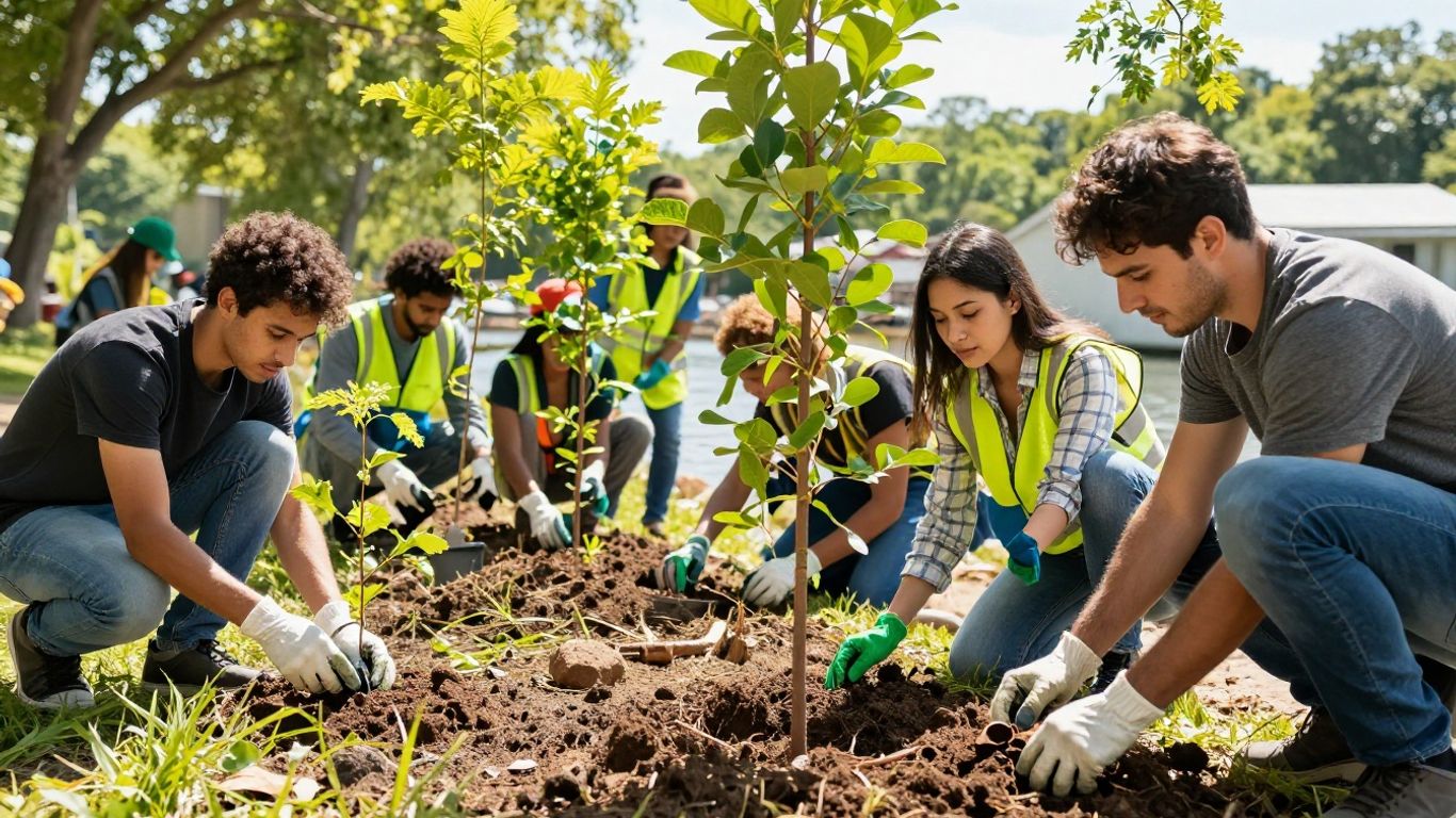 Diverse teams engaged in environmental conservation activities outdoors.
