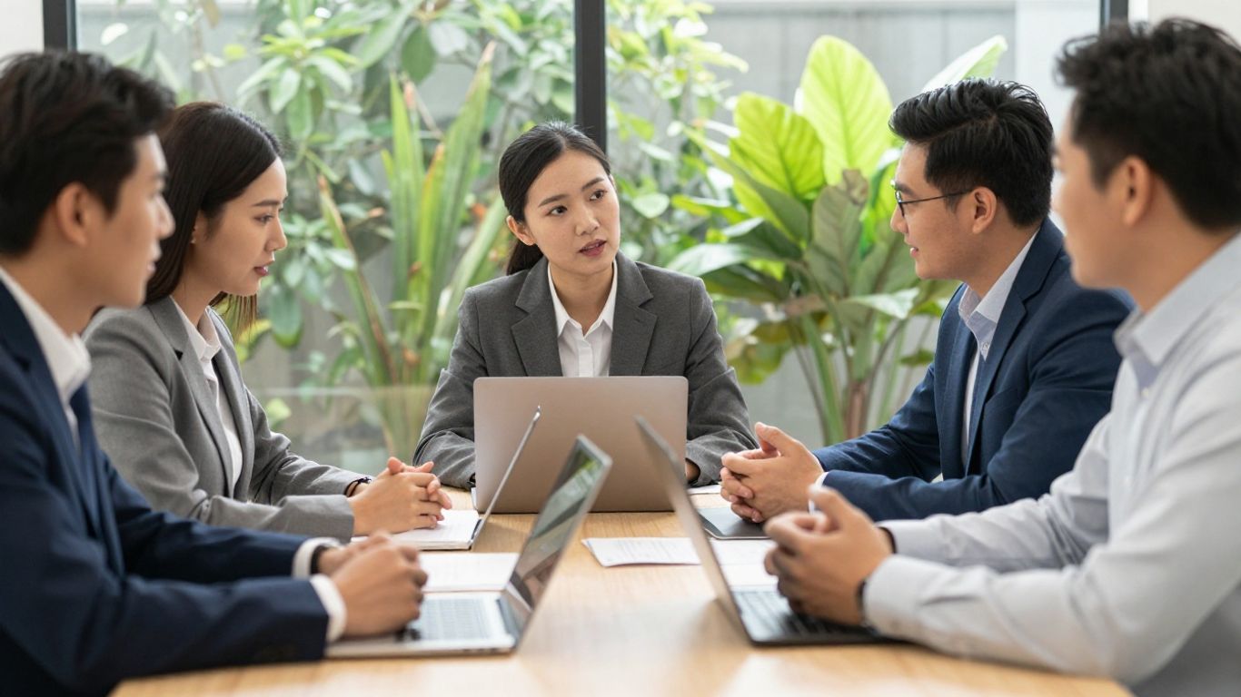 Business professionals discussing around a table with plants.
