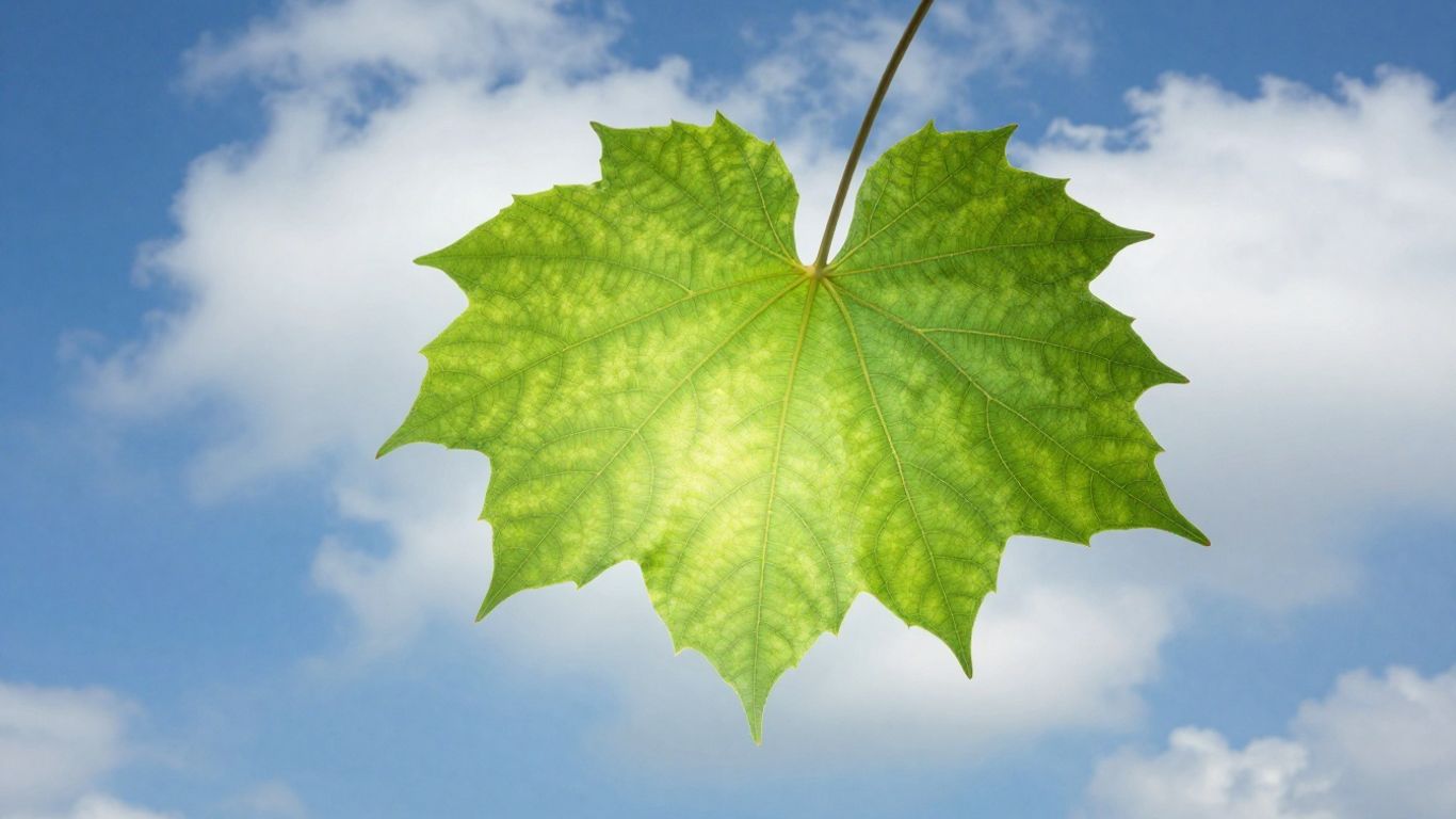 Green leaf against sky, symbolizing clean energy.