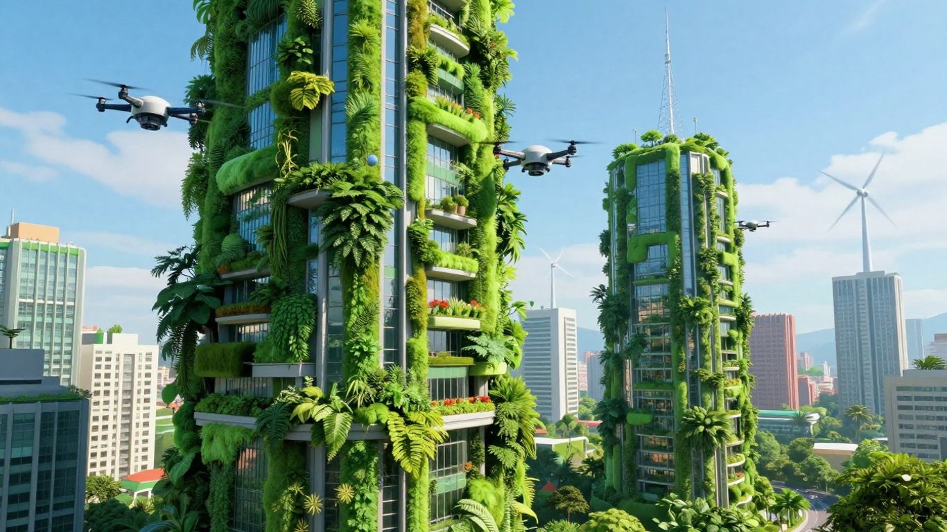 Futuristic green city with clean air and sustainable technology.