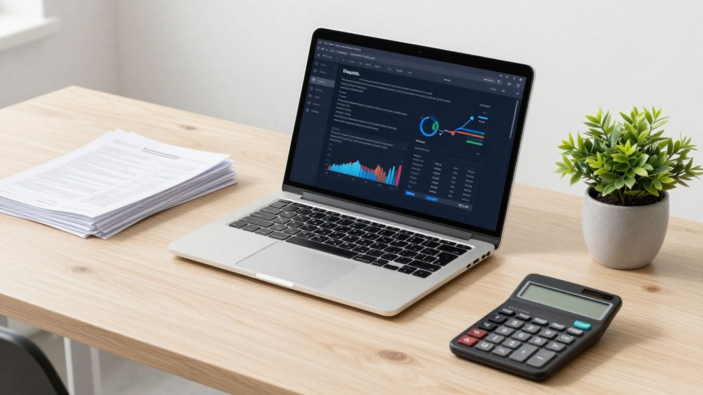 Modern desk with laptop and financial documents.
