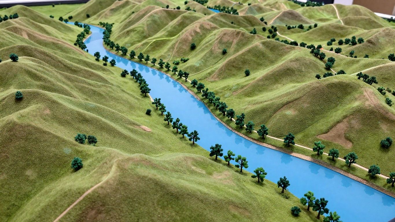 Photographic watershed model of hills, river, and vegetation.