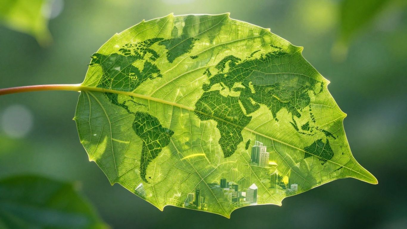 Green leaf with global pathways and cityscapes